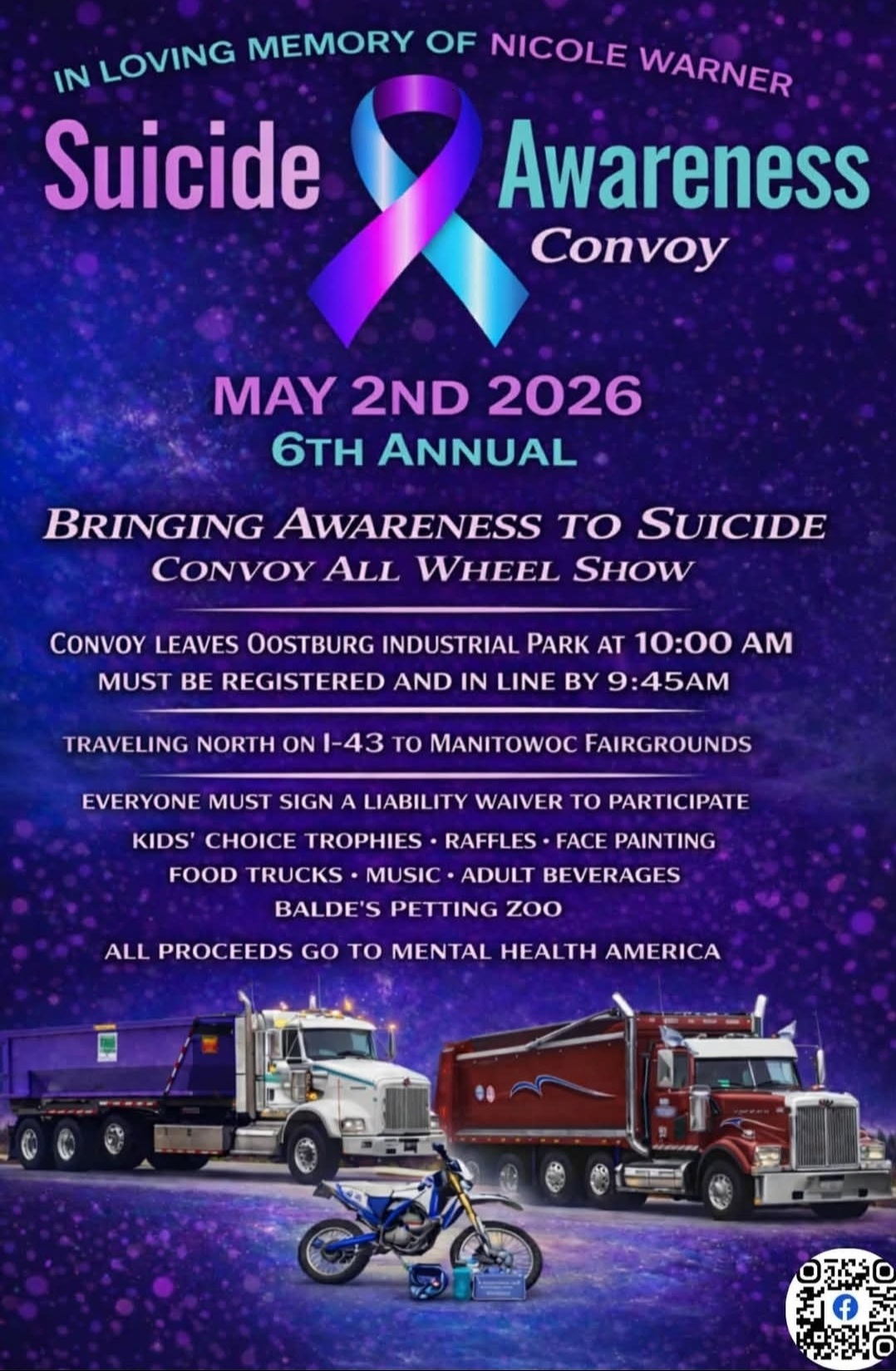 Flyer for May 2, 2026 Suicide Awareness Convoy in memory of Nicole Warner, featuring event details, route from Oostburg to Manitowoc Fairgrounds, activities, and fundraiser for Mental Health America.