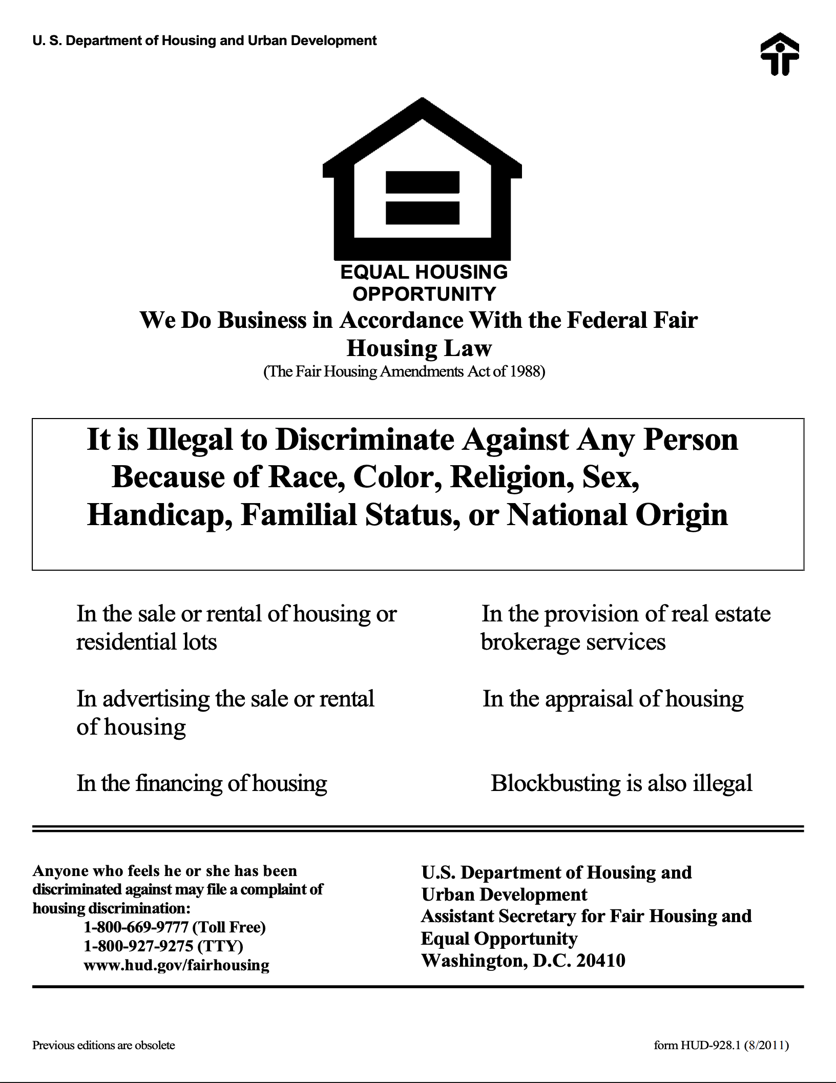 HUD Fair Housing poster, form HUD-928.1 (PDF)