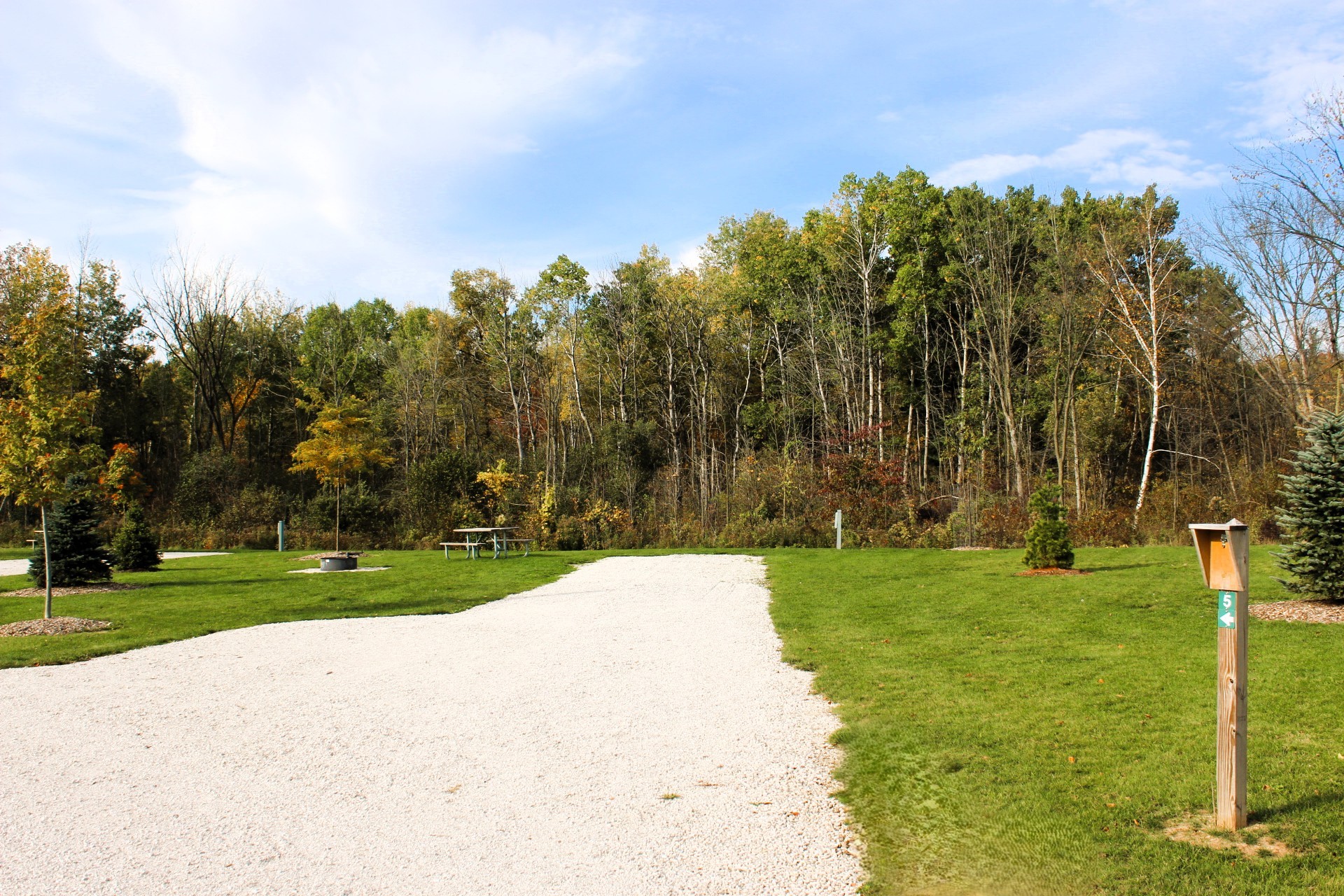 A grassy outdoor campground site with a gravel pad, a picnic table on the lawn next to a fire ring, and mature trees lining the background.