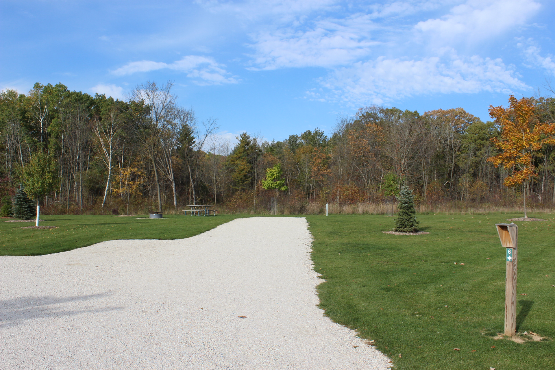 A grassy outdoor campground site with a gravel pad, a picnic table on the lawn next to a fire ring, and mature trees lining the background.