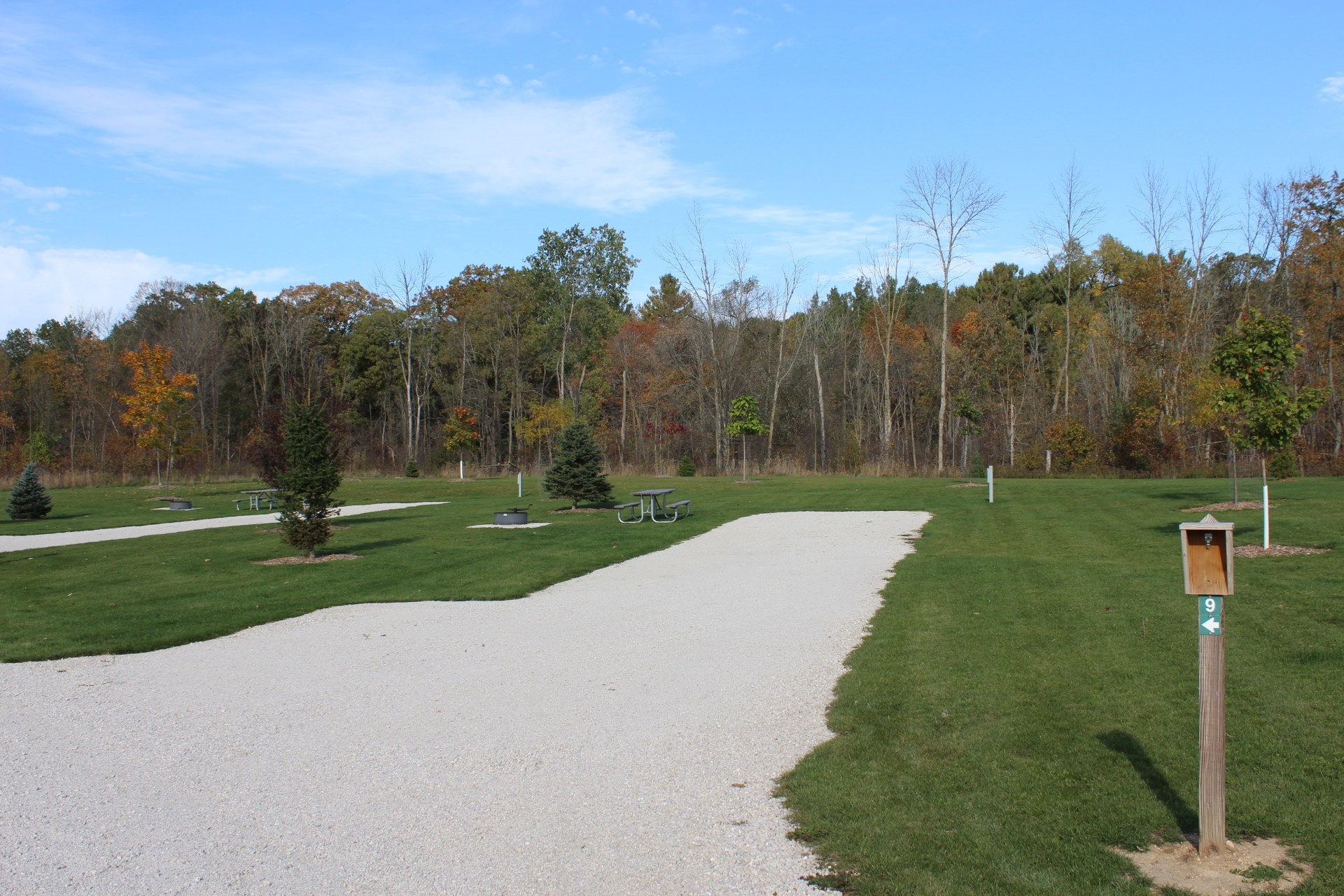 A grassy outdoor campground site with a gravel pad, a picnic table on the lawn next to a fire ring, and mature trees lining the background.